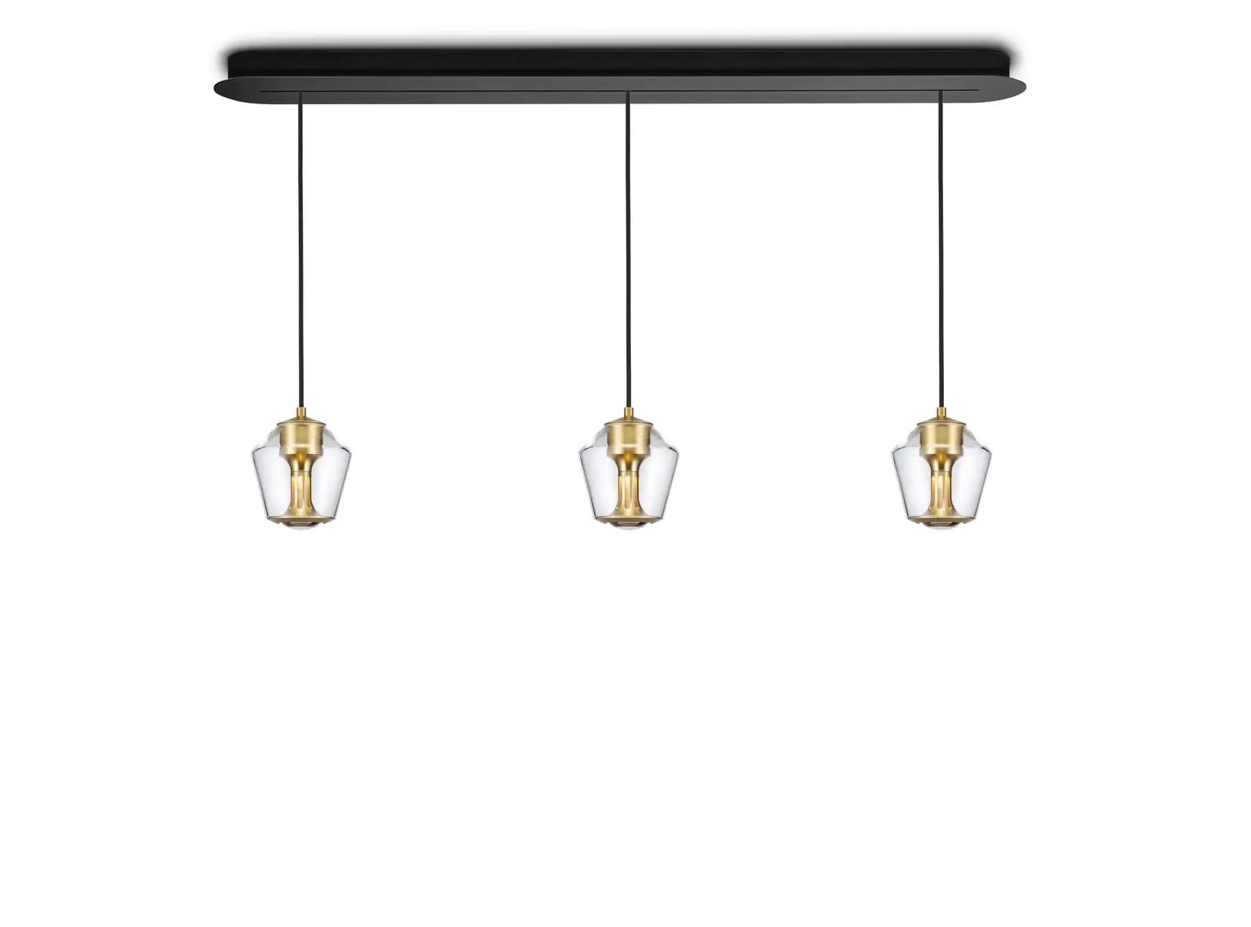 Less´n´more ETHICS LED-3er-Pendelleuchte, Schiene 119 cm, innen Gold, Kristallglas, phasendimmbar E-3GPL-1190-P-KGG-GC 4251908544004