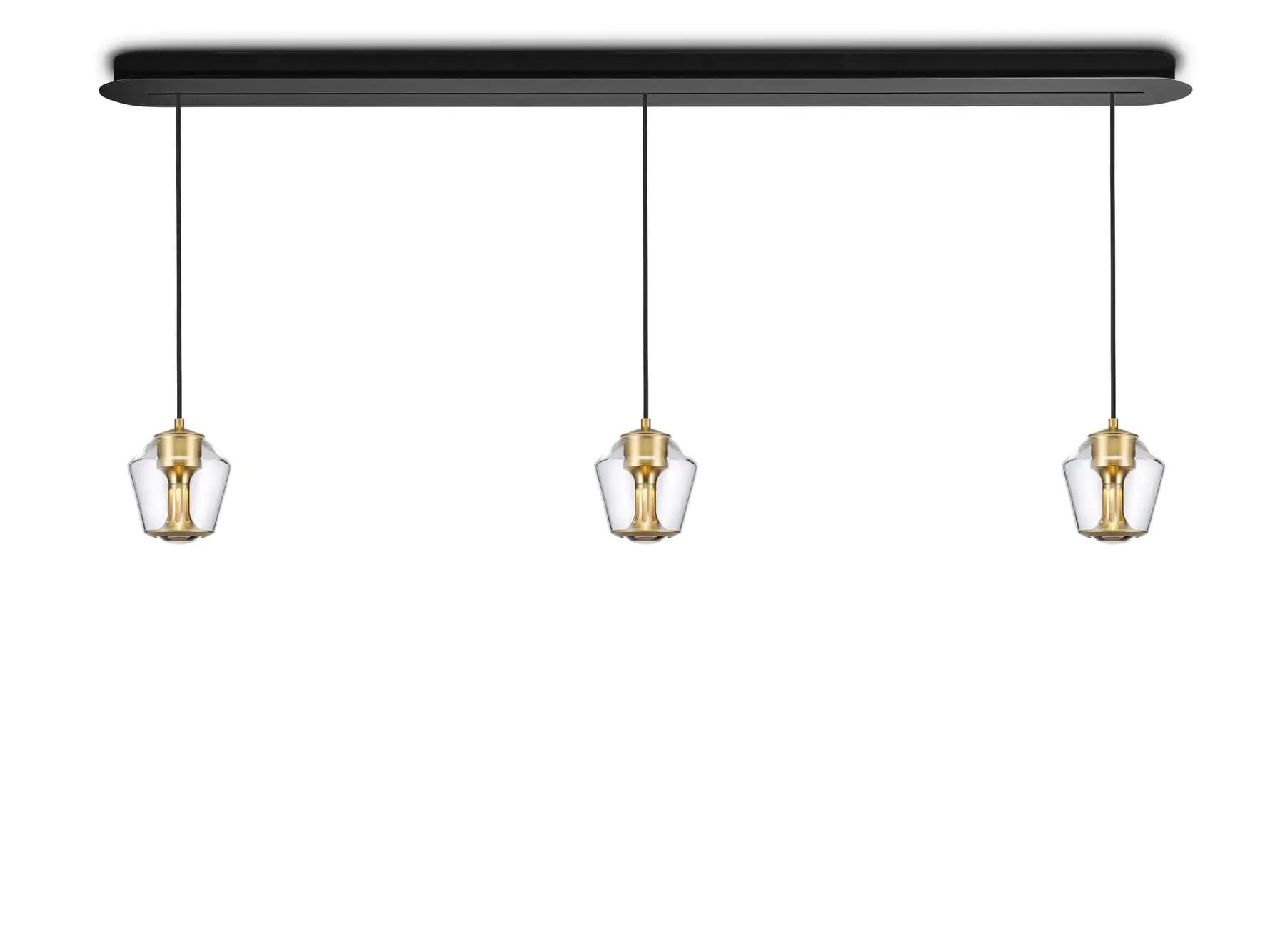 Less´n´more ETHICS LED-3er-Pendelleuchte, Schiene 154 cm, innen Gold, Kristallglas, phasendimmbar E-3GPL-1540-P-KGG-GC 4251908544066